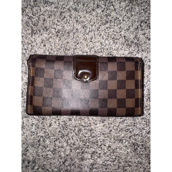 Louis Vuitton Damier Ebene Long Wallet Push Lock Clutch Style Brown Checkered - Picture 3 of 16